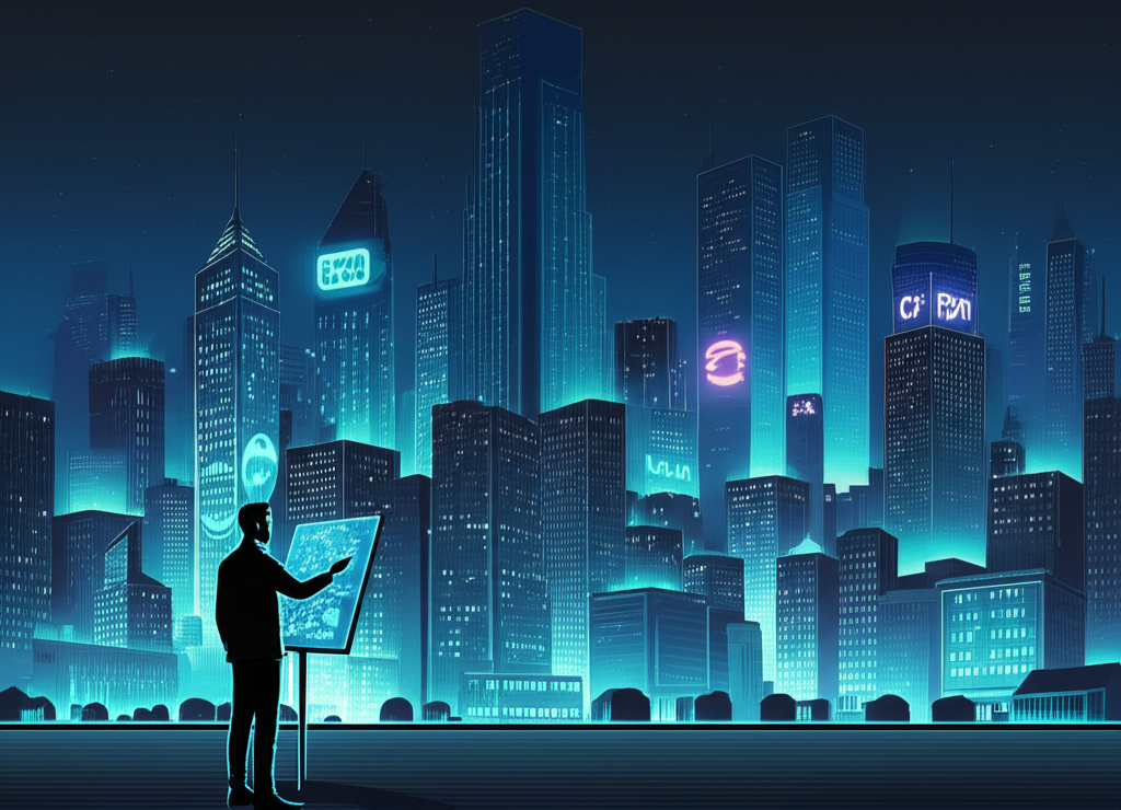 全球股市城市景觀,展示美國市值領先企業的標誌性建築與投資者分析螢幕的插圖