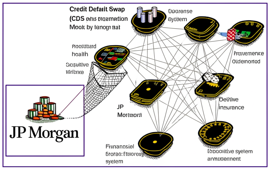 CDS市場演進示意圖：從摩根大通起源發展成全球複雜金融系統，涵蓋保險與投機元素