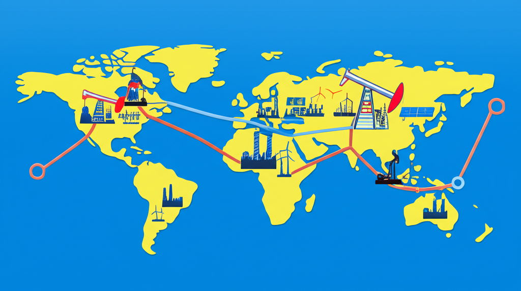 多元國家以石油鑽井和管道代表，影響全球地圖上的油價波動圖表，以及經濟活動和能源轉型挑戰的象徵