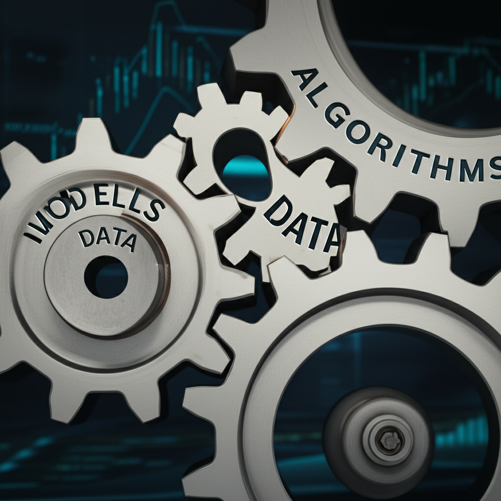 illustration showing three interconnected gears labeled Models Data and Algorithms working together like an efficient machine to drive automated trading systems