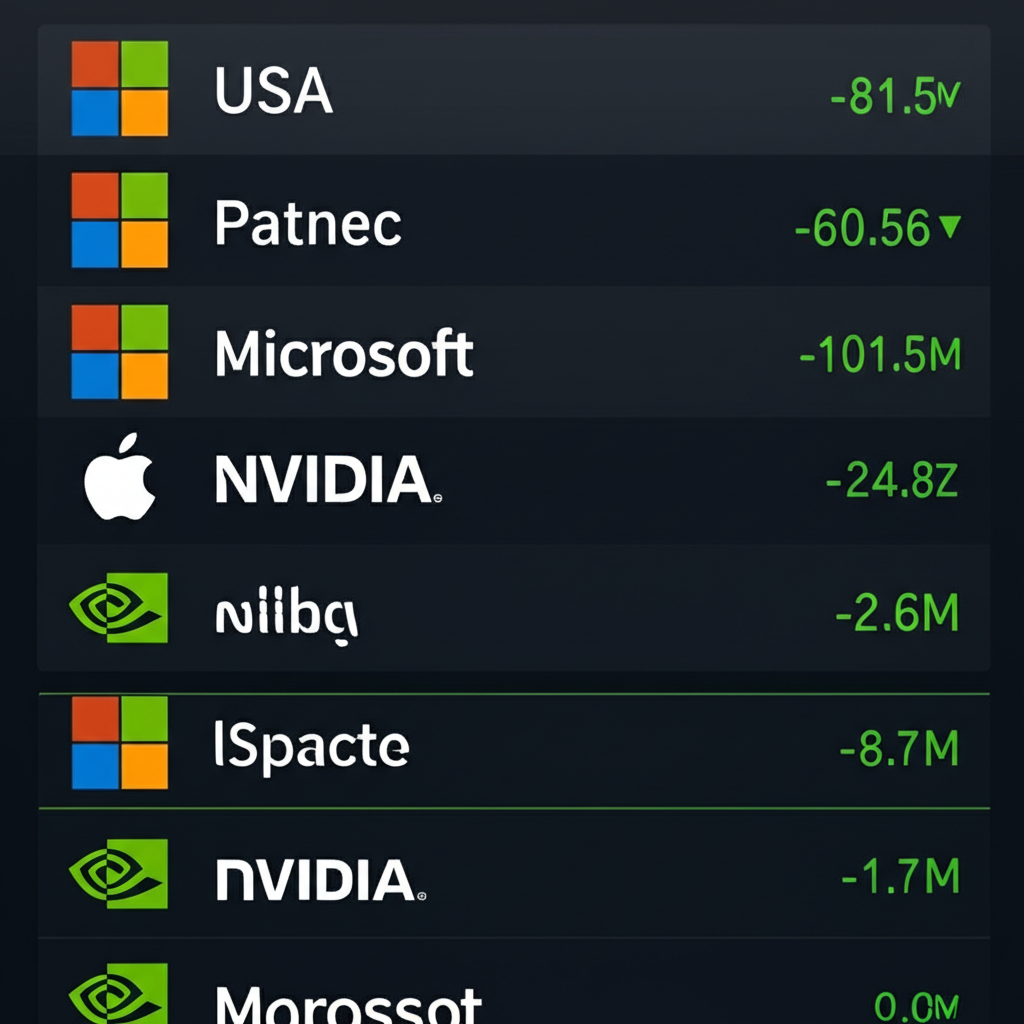動態數位顯示美國頂尖公司市值排名列表,包含即時更新與微軟、蘋果、輝達等科技巨頭標誌的插圖