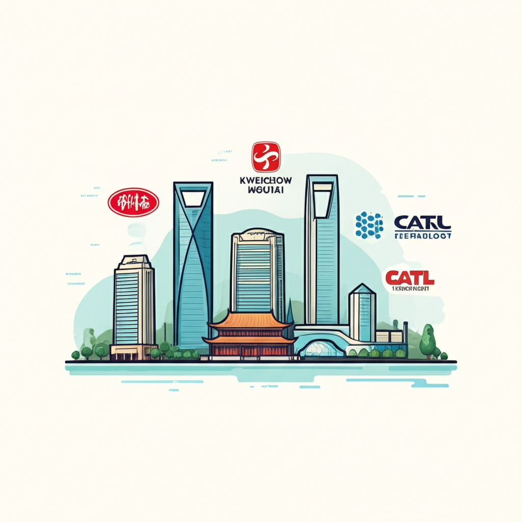 中國企業景觀展示金融消費能源科技領域,包含中國平安貴州茅台寧德時代等公司標誌