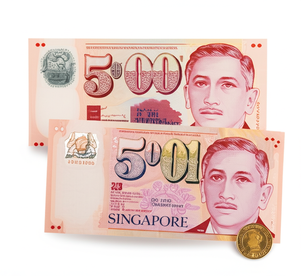 Singapore dollar banknotes and coins beautiful design anti-counterfeit features easy recognition for travelers and locals illustration