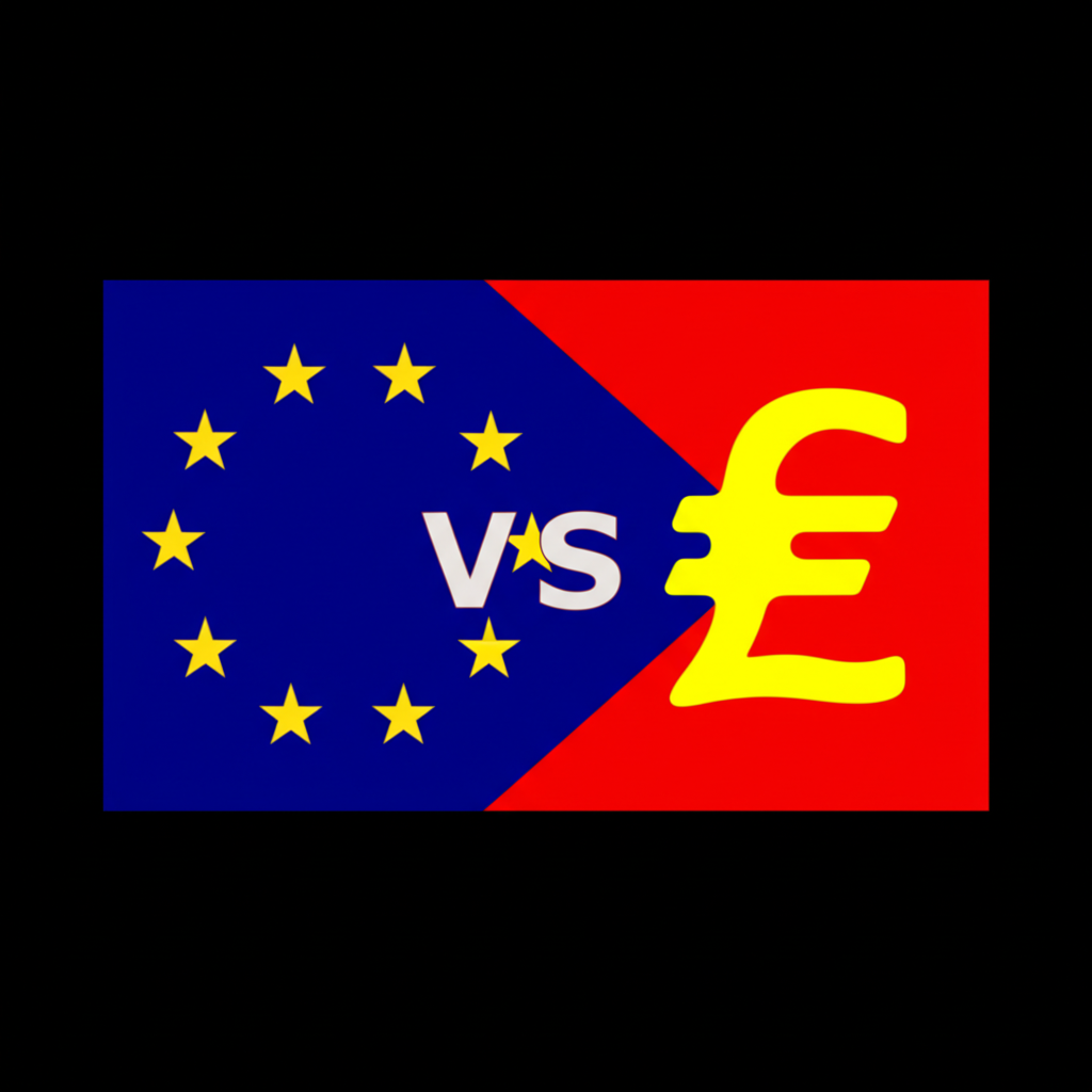 英國國旗與歐盟國旗分離,歐元與英鎊符號清楚區隔,強調貨幣主權的獨立