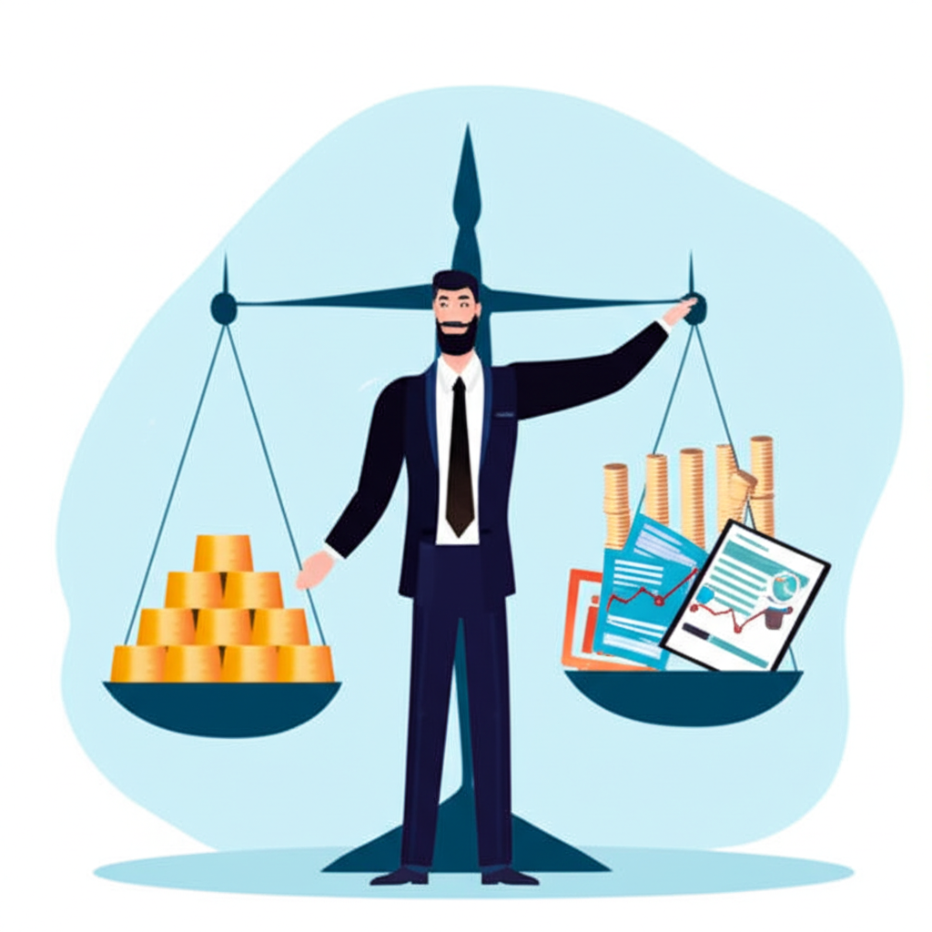 基金經理人平衡實體黃金、金屬期貨與礦業股票的插圖,代表黃金ETF追蹤價格的方法