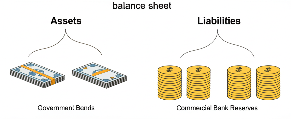 Illustration of a central bank balance sheet showing assets like government bonds and liabilities like commercial bank reserves