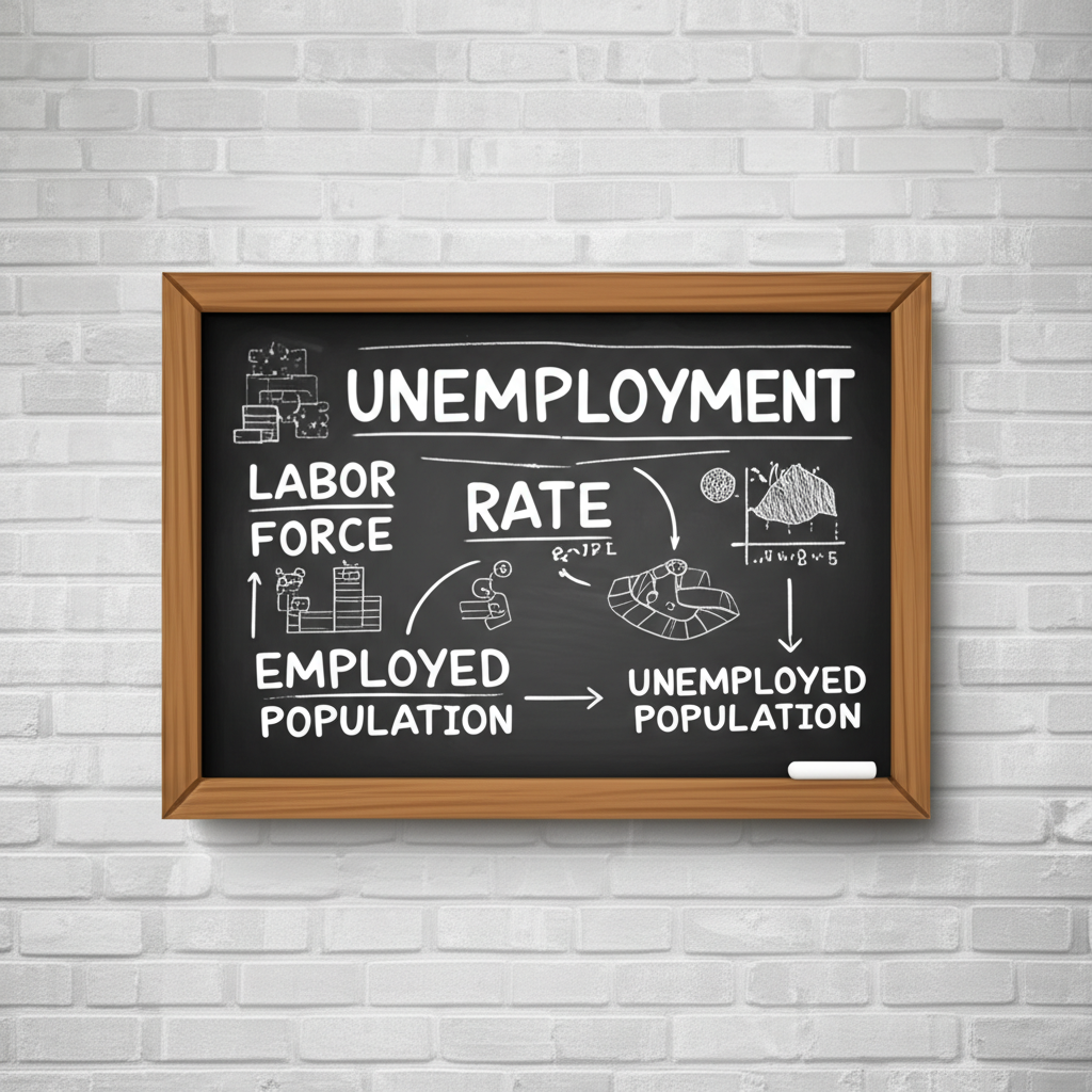 黑板上解釋失業率公式勞動力就業與失業人口概念的插圖