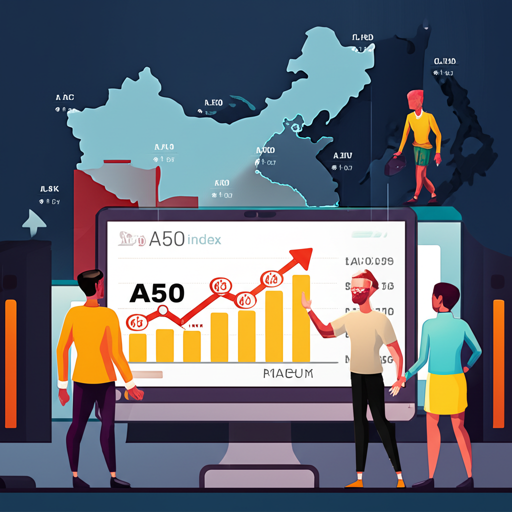 富時中國A50指數圖表顯示上漲趨勢,周圍環繞台灣和香港投資者觀察中國股市地圖