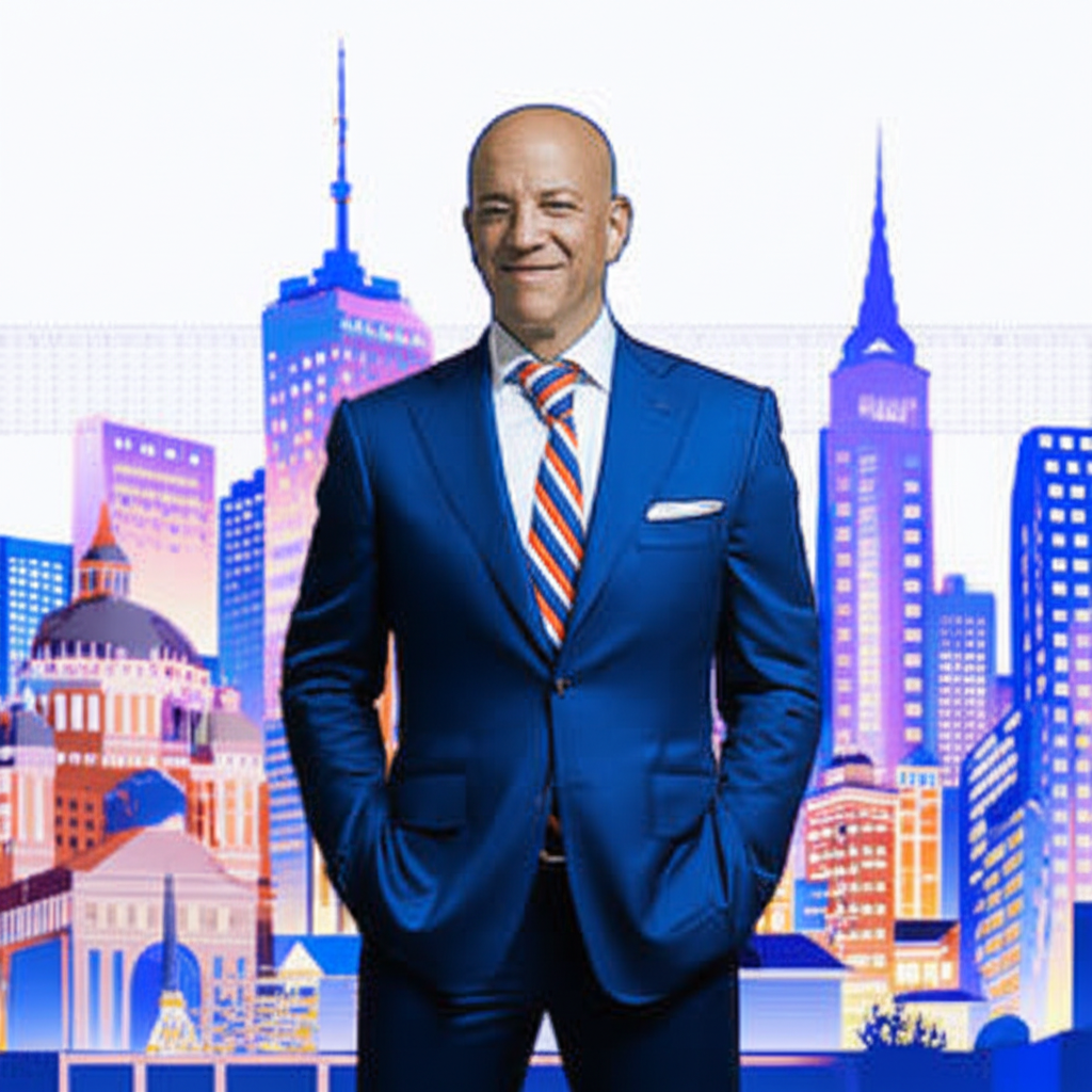 史蒂文·A·柯恩在金融都市景觀中自信站立的插圖,背景隱含爭議與救贖元素