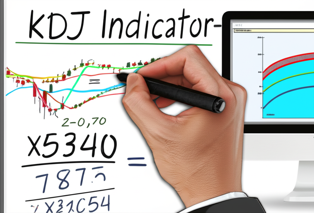 KDJ指標計算過程插圖，顯示白板上的公式與數字，風格化手在書寫，背景電腦螢幕展現股票圖表與KDJ線，金融教育主題