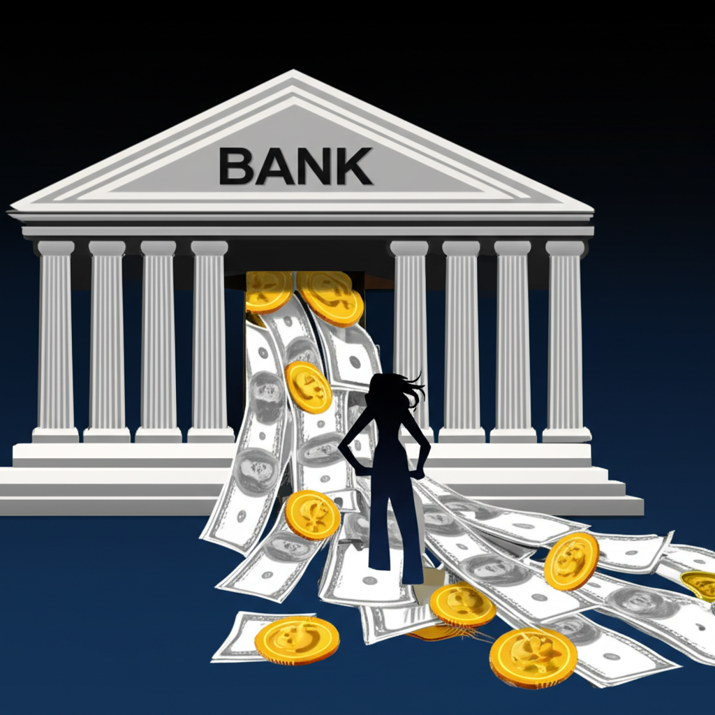 銀行建築資金流向借款人象徵資金價格,銀行收回百分比代表利率補償風險與運作的插圖