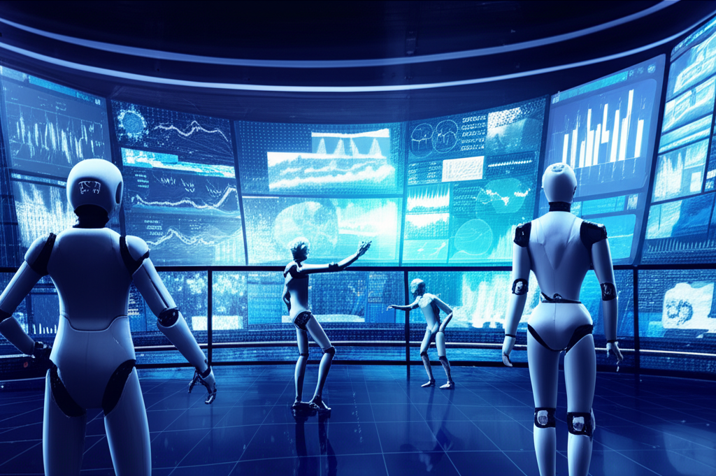 illustration of a futuristic trading scene with robots and data screens symbolizing automated investment and quantitative trading in a fast paced financial market