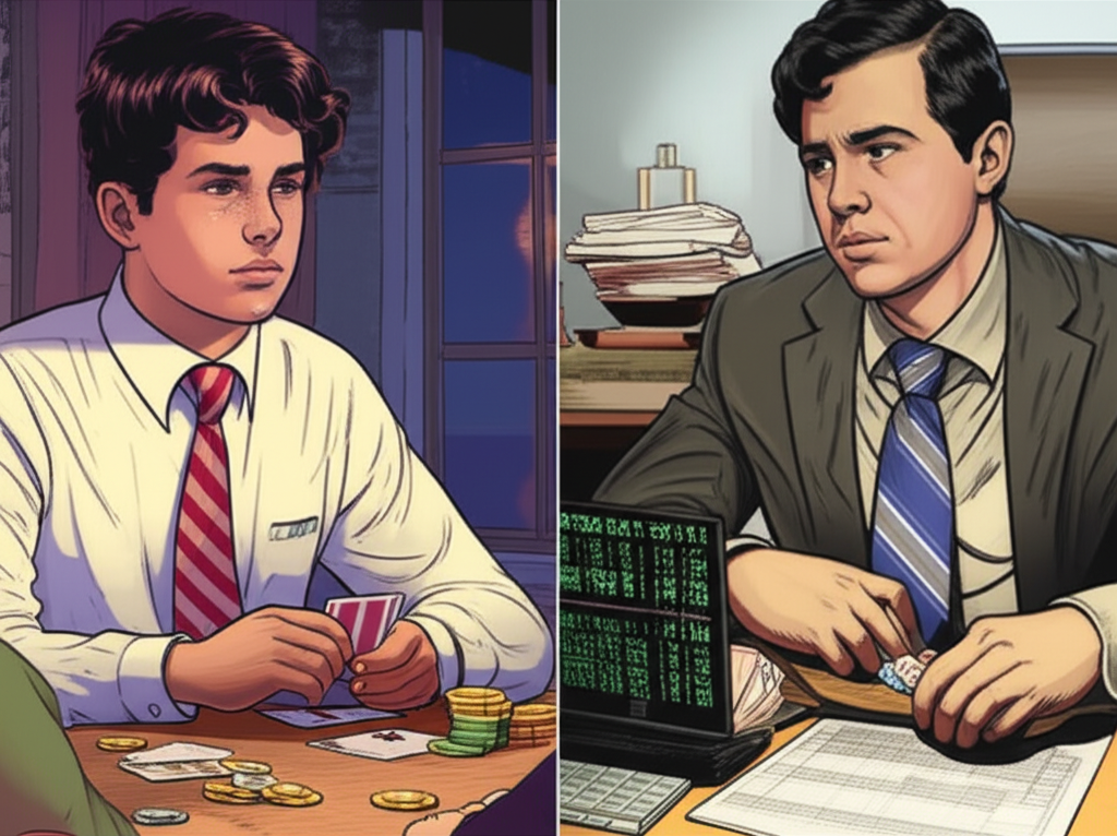 年輕史蒂文·A·柯恩在長島郊區家中與朋友玩撲克,以及在沃頓商學院小桌前專注進行早期股票交易的插圖
