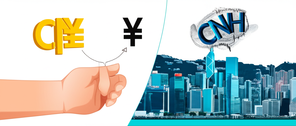 在岸CNY受央行嚴控,離岸CNH在開放市場自由浮動,香港天際線為背景