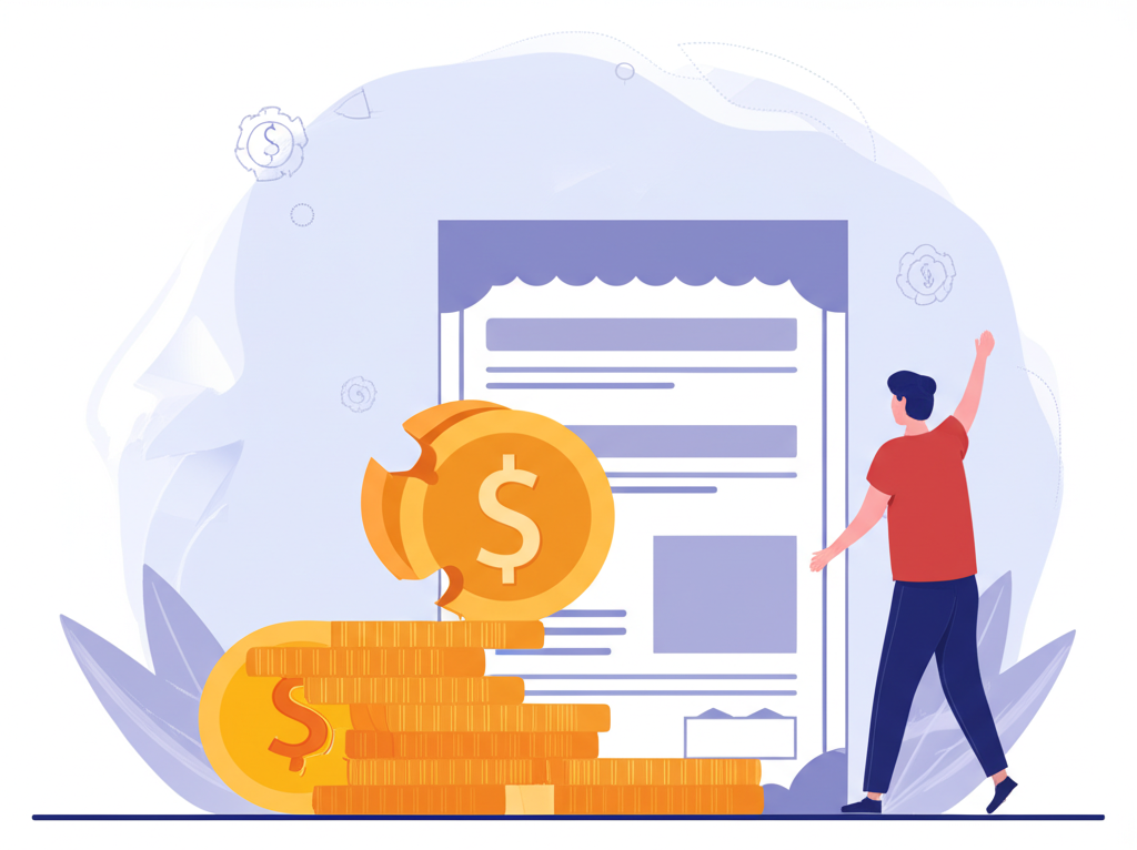 Illustration of a small investor happily buying tiny pieces of a large company's stock with coins showing fractional shares concept a flexible investment