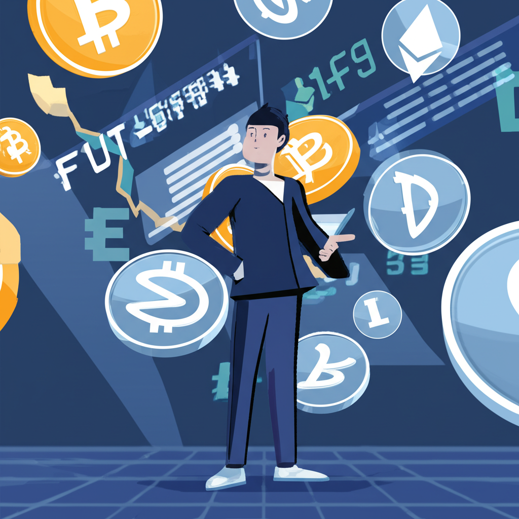 投資者自信導航複雜金融市場的插圖，包含股票、期貨和加密貨幣符號，強調穩健投資與風險管理