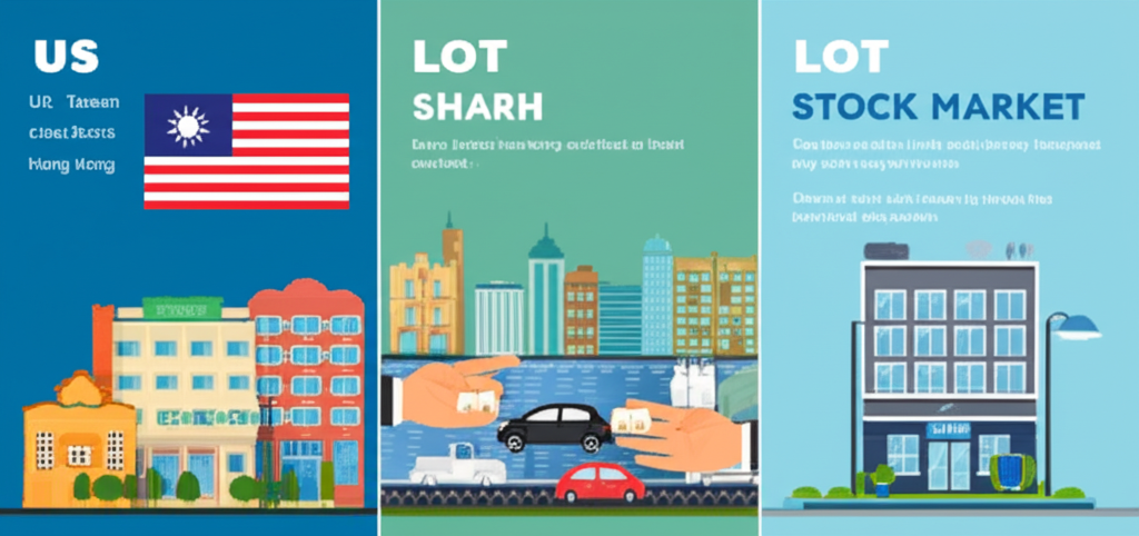 Illustration of three distinct market landscapes US Taiwan Hong Kong stock markets each with unique trading unit symbols like share lot hand showing clear differences