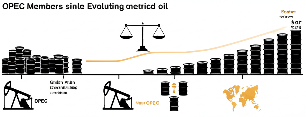 OPEC成員演變時間線，從少數創始國擴大，平衡石油桶與全球價格，包含OPEC+和非OPEC生產者的獨立群組