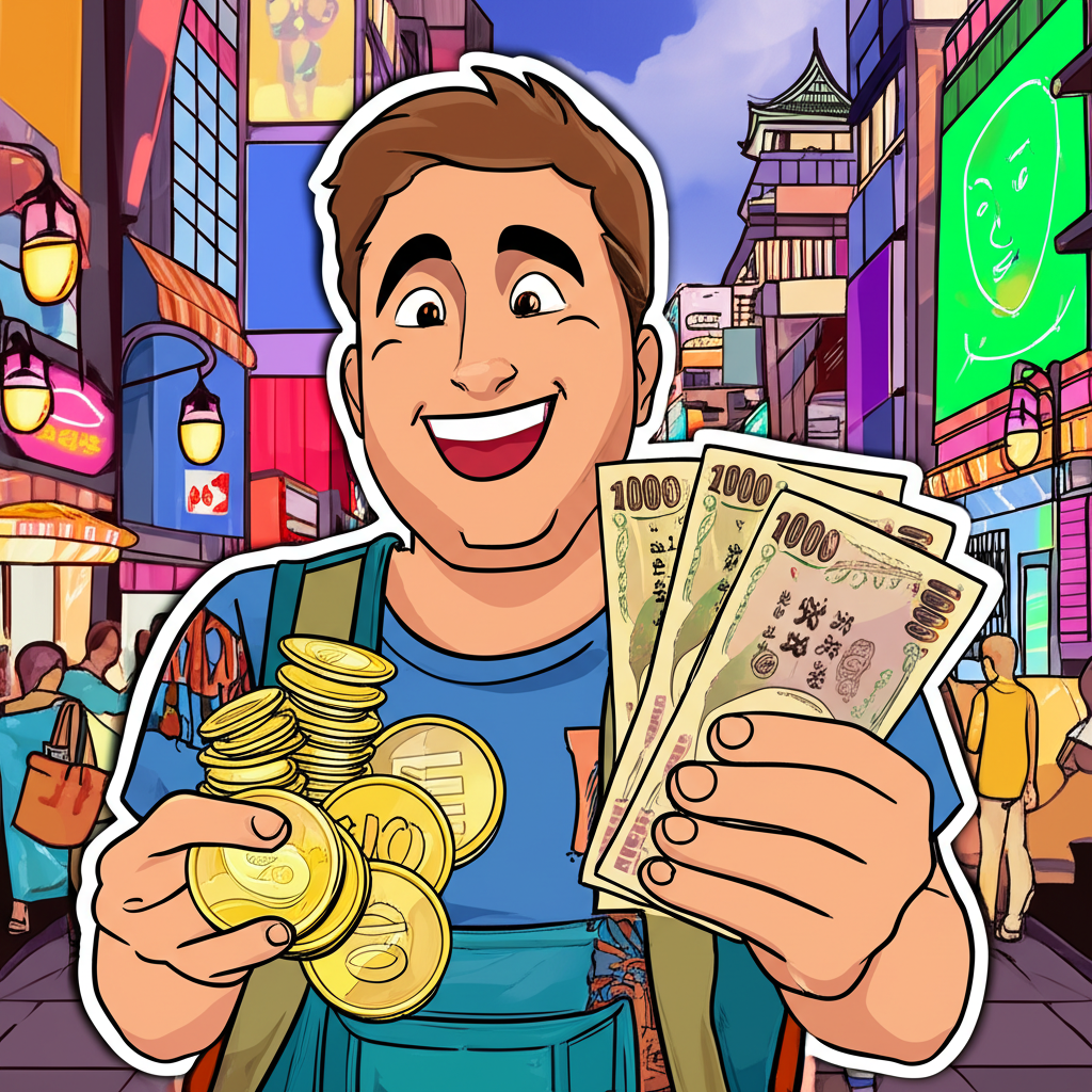 An illustration of a tourist joyfully exchanging currency with yen notes and coins showing low values against other currencies a historical low point for the Japanese yen a happy traveler in a Japanese city background