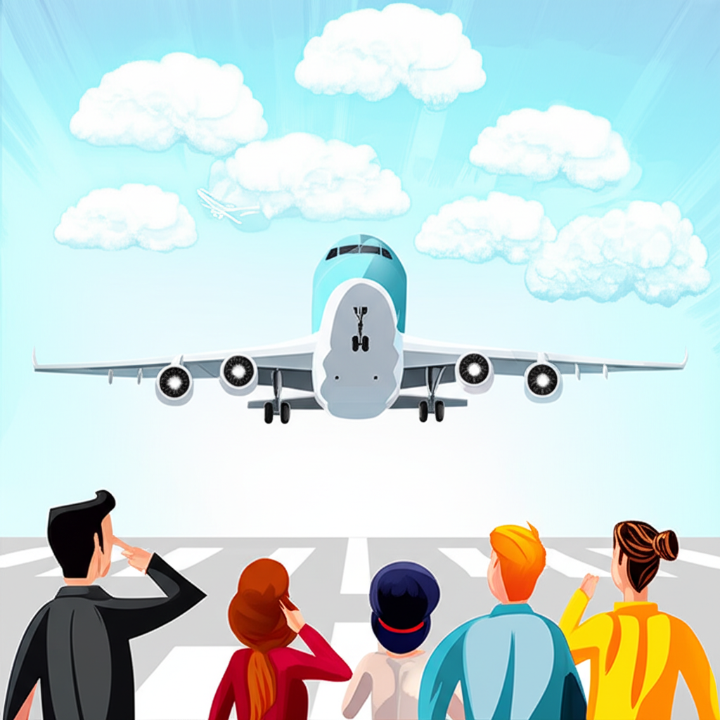 經濟軟著陸概念插圖:飛機在雲層中平穩降落,象徵克服經濟挑戰