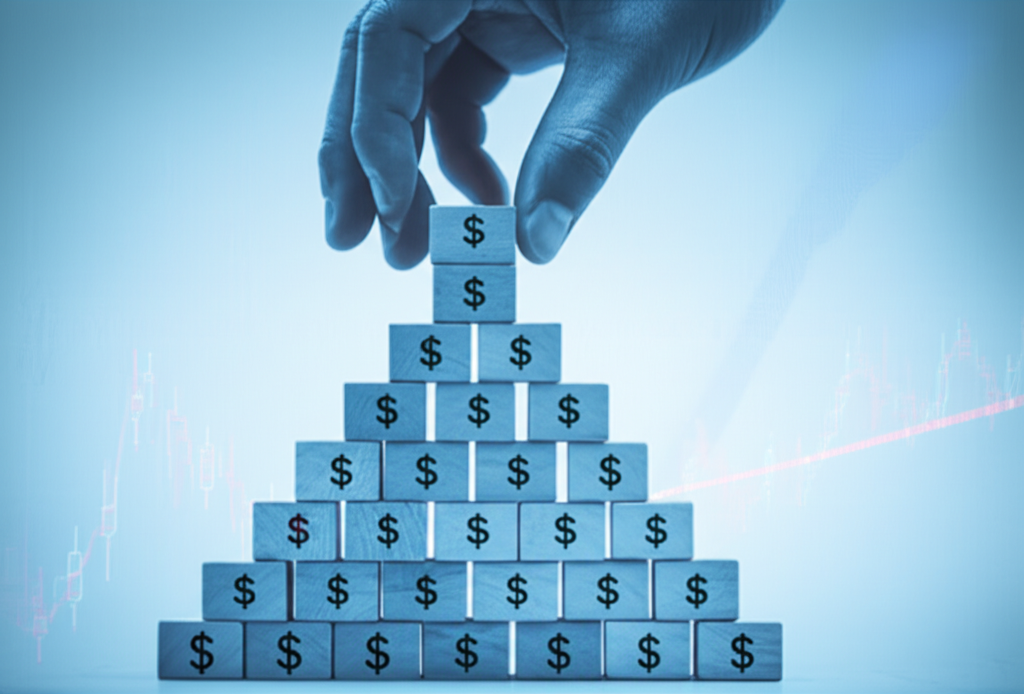 手部逐步堆疊金字塔積木的插圖,背景有貨幣符號與市場圖表,代表金字塔買賣策略的漸進投資與風險控制