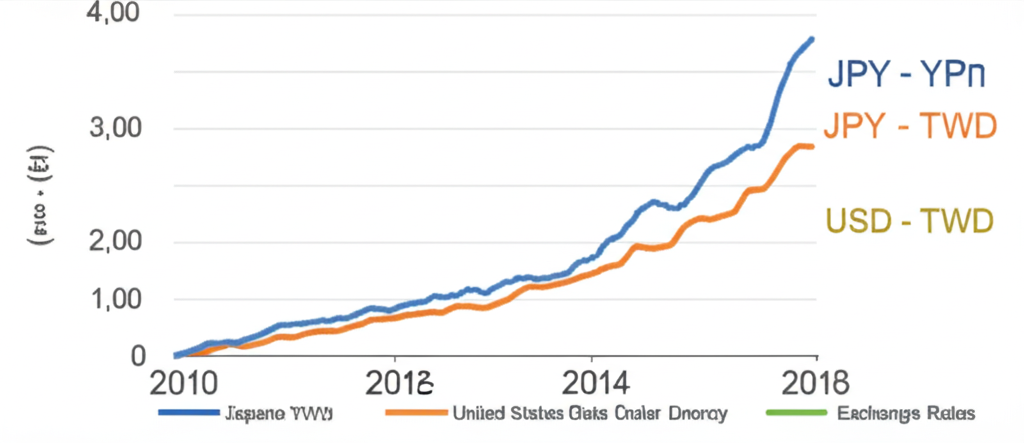 日幣兌台幣與美元匯率三十年戲劇性線圖,顯示貶值高峰與低谷