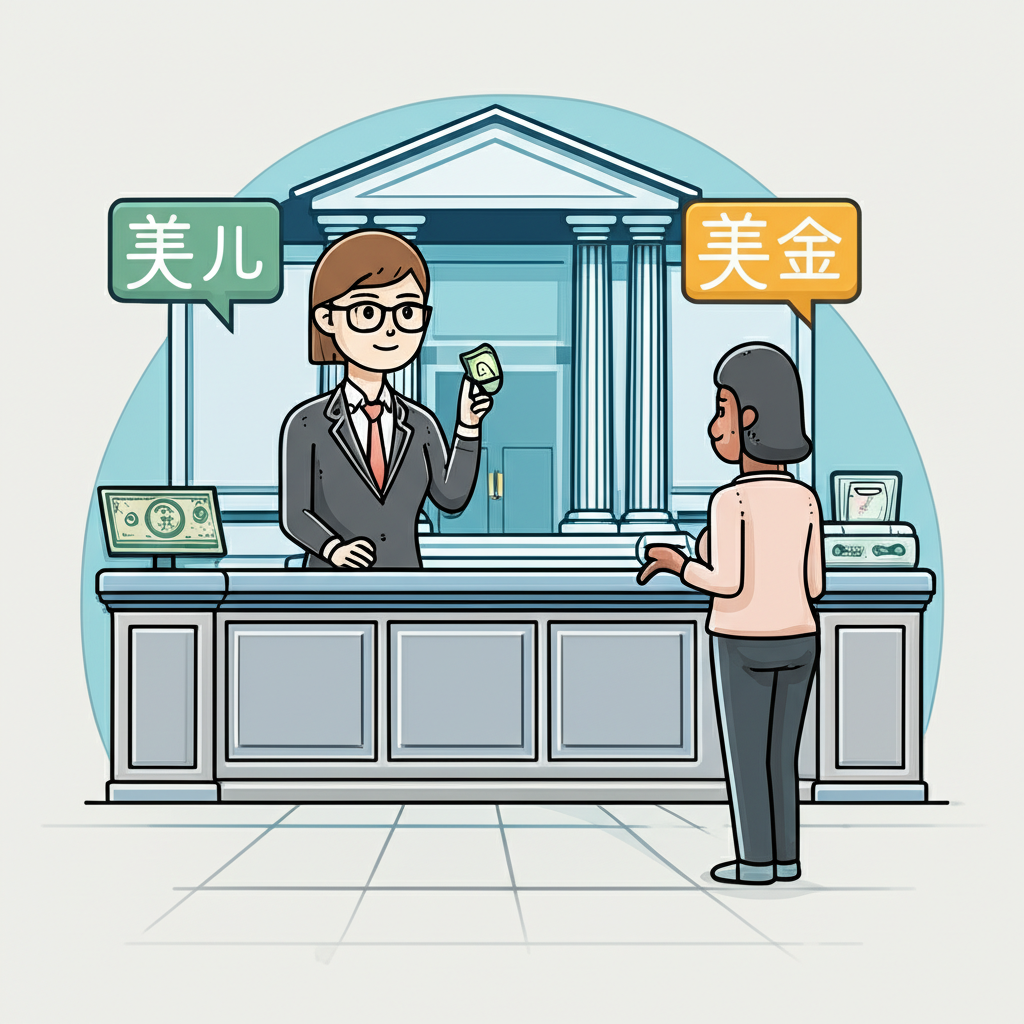 正式銀行環境中專業人士使用美元一詞，對比休閒市場場景中攤販使用美金，兩者皆指同一種美國貨幣