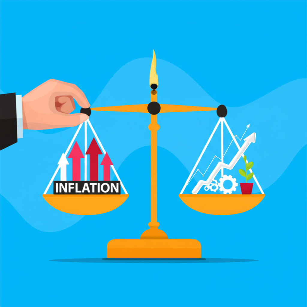 經濟平衡插圖:天平一側為通膨符號,另一側為經濟成長,央行之手調整平衡