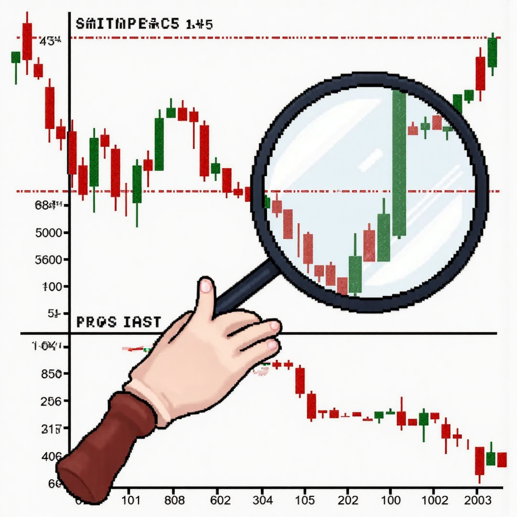 金融圖表中隱藏的滑點裂縫，透過放大鏡檢視價格差異的像素藝術插圖