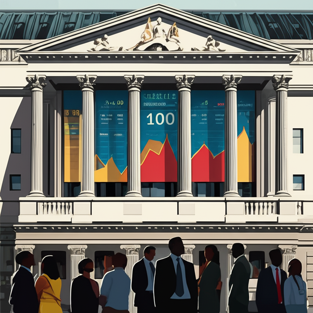 倫敦證券交易所建築與 FTSE 100 指數顯示圖,代表英國經濟圖表與商務人士