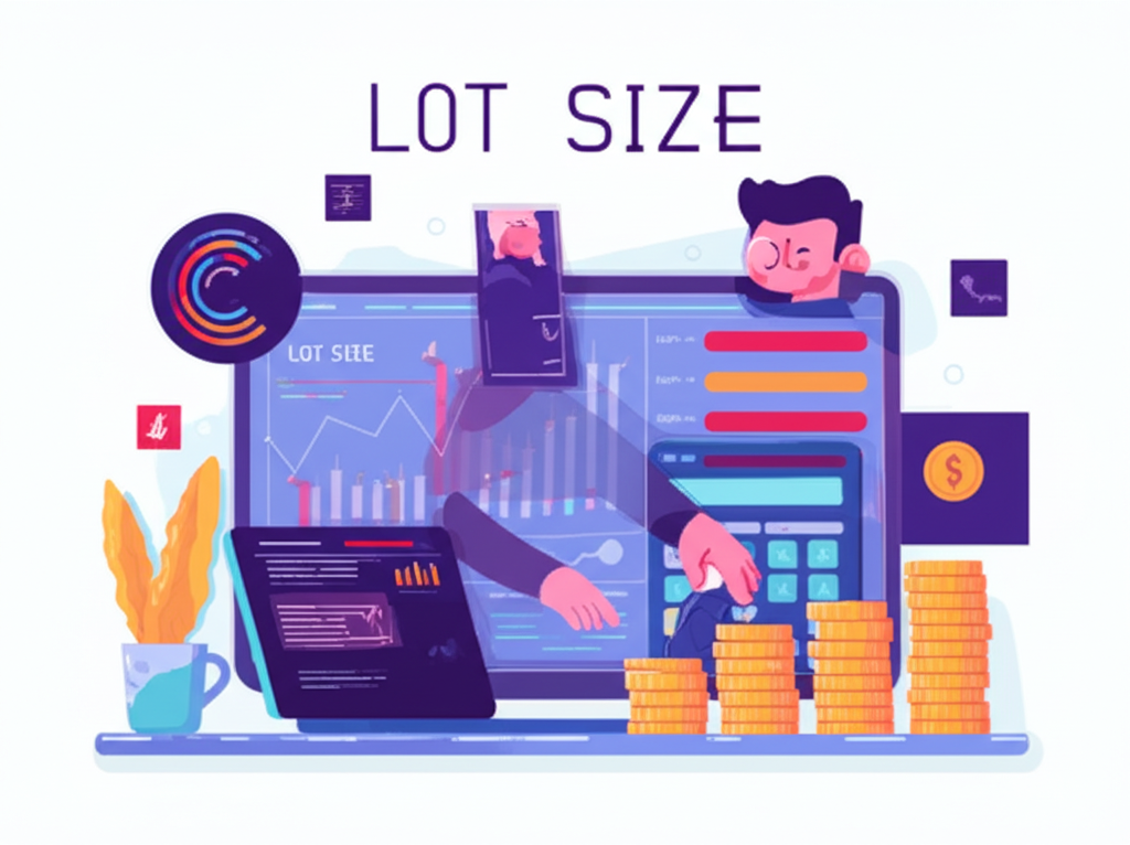 An illustration of a person confidently managing financial trades with a calculator and charts representing lot size a core concept in forex trading and risk management