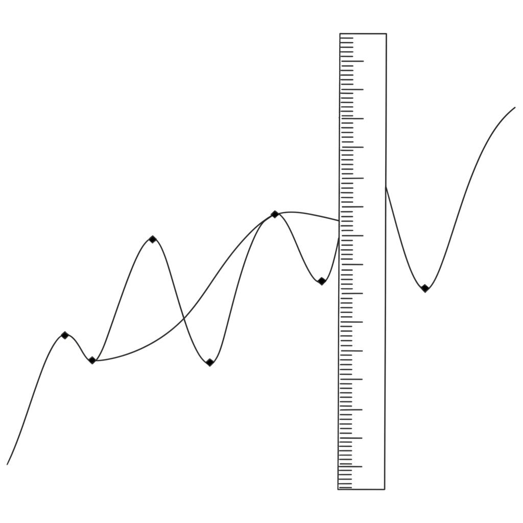 股價走勢圖顯示股價線與移動平均線的距離,用尺子測量差距