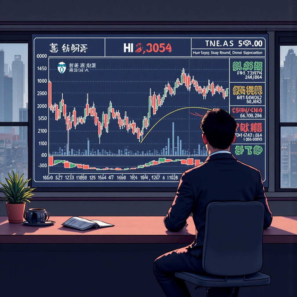 個人物觀察複雜金融數據視覺化，描繪中國與台灣經濟互動下的貨幣兌換率元素