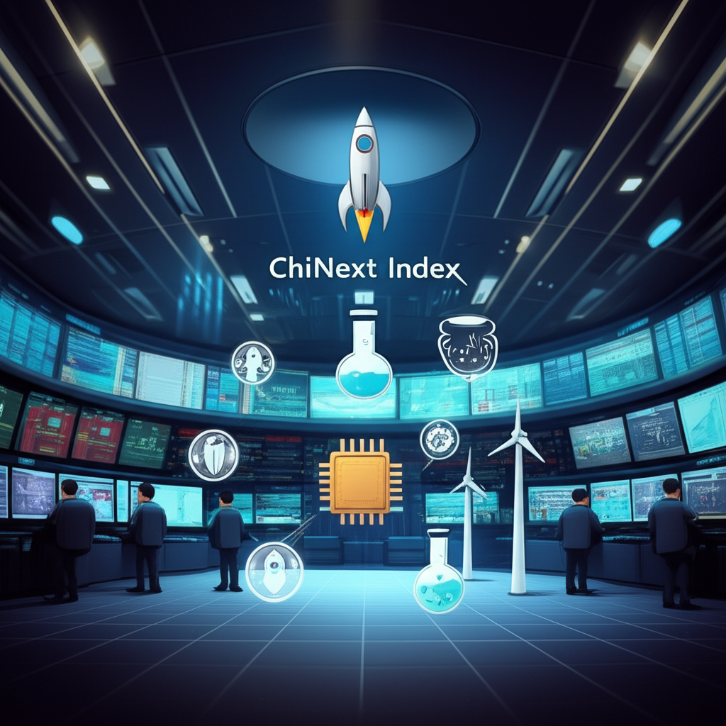 創業板指數的生動插圖,展示創新公司與成長象徵