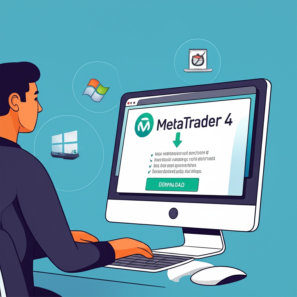 person downloading and installing MetaTrader 4 on desktop with Windows and macOS icons
