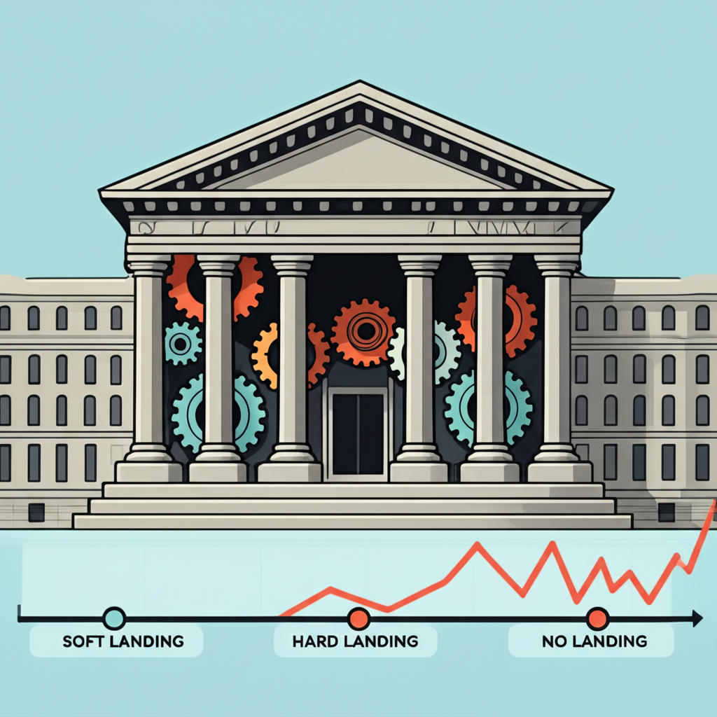 央行政策工具插圖:央行建築與齒輪轉動,顯示經濟階段與市場圖表