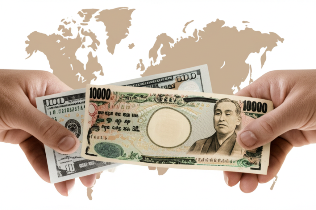 美元與日元鈔票交換象徵匯率與全球儲備及避險貨幣角色