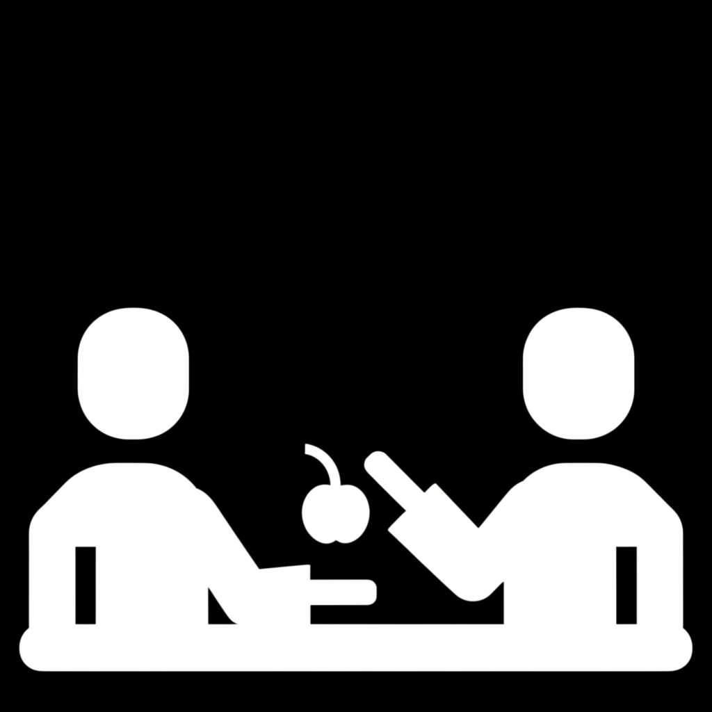 簡單交易插圖,兩位人物一買一賣物品,代表市場中的基本買賣互動