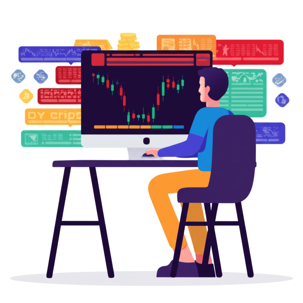 日內交易者透過電腦螢幕活躍買賣股票、期貨、外匯或加密貨幣,避免隔夜風險的插圖