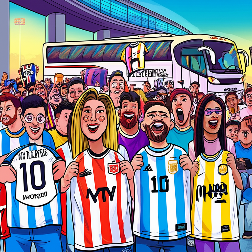 興奮球迷手持球衣和筆，在體育場入口耐心等待梅西簽名，背景有巴士的充滿希望與動感的場景