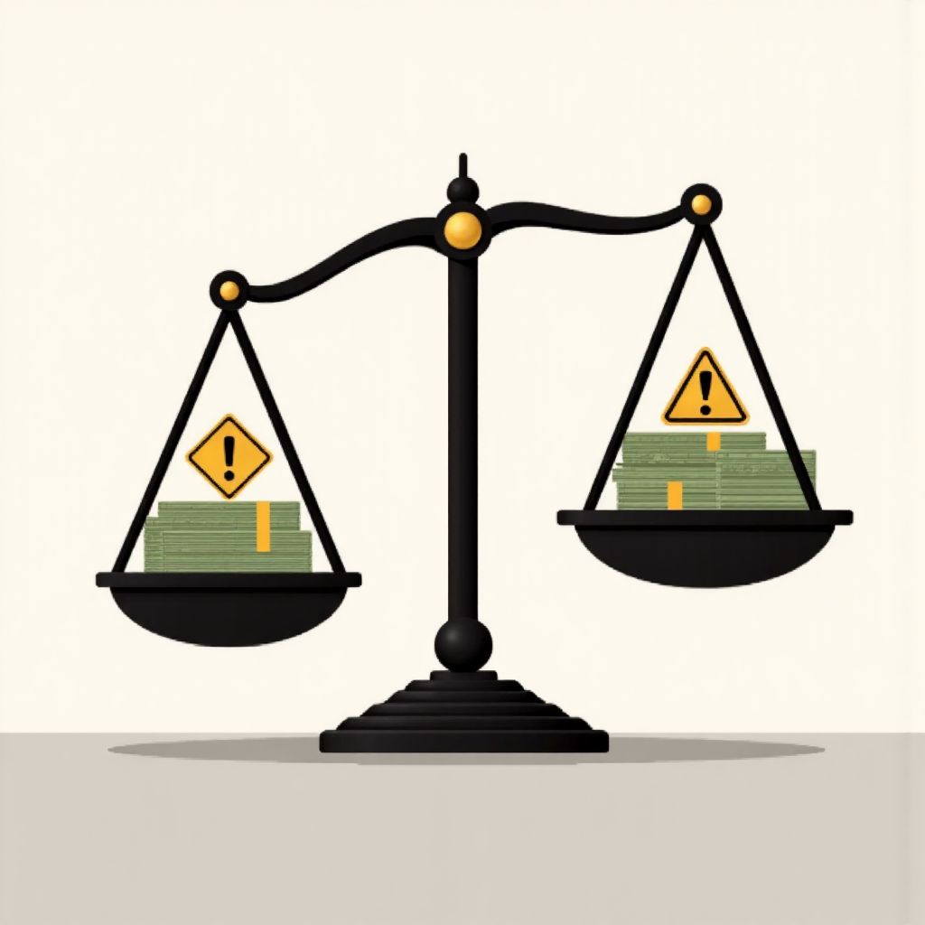 平衡秤上金錢與警示符號的視覺隱喻，代表槓桿交易的權衡