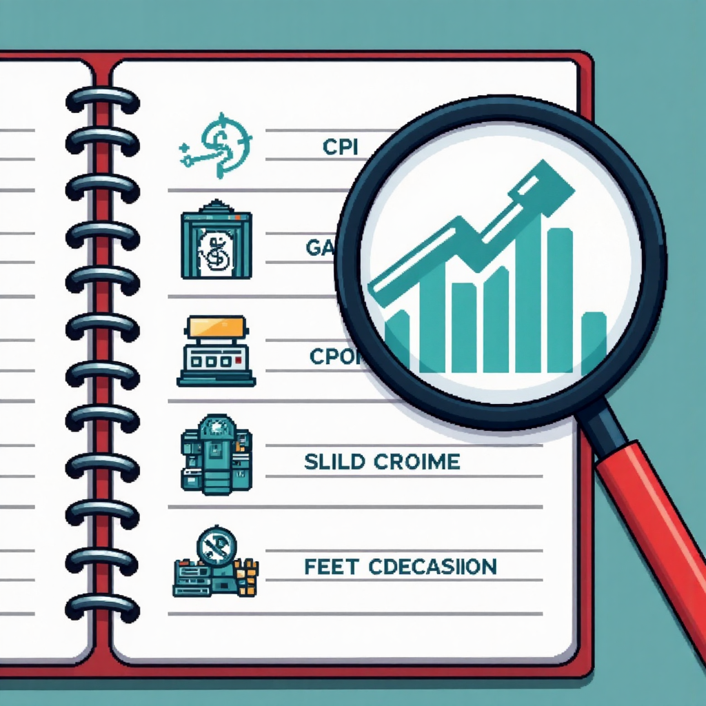 記事本特寫，突出CPI與聯準會決策等經濟指標，配以放大鏡的資訊像素藝術插圖