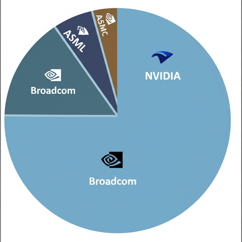 費城半導體指數主要公司權重圓餅圖，包括 NVIDIA、Broadcom、台積電和 ASML，顯示其影響力和市值