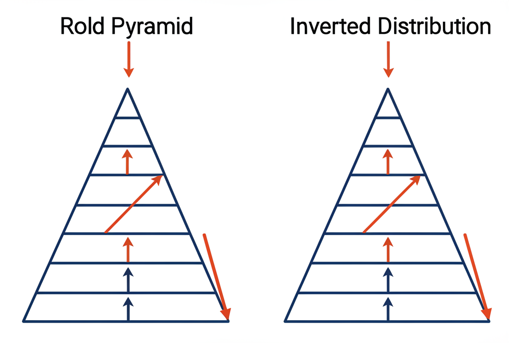 兩個金字塔插圖並列,一個正金字塔伴隨上升價線代表正向買法,另一個倒金字塔伴隨下降價線代表倒金字塔買法,箭頭顯示累積與分配