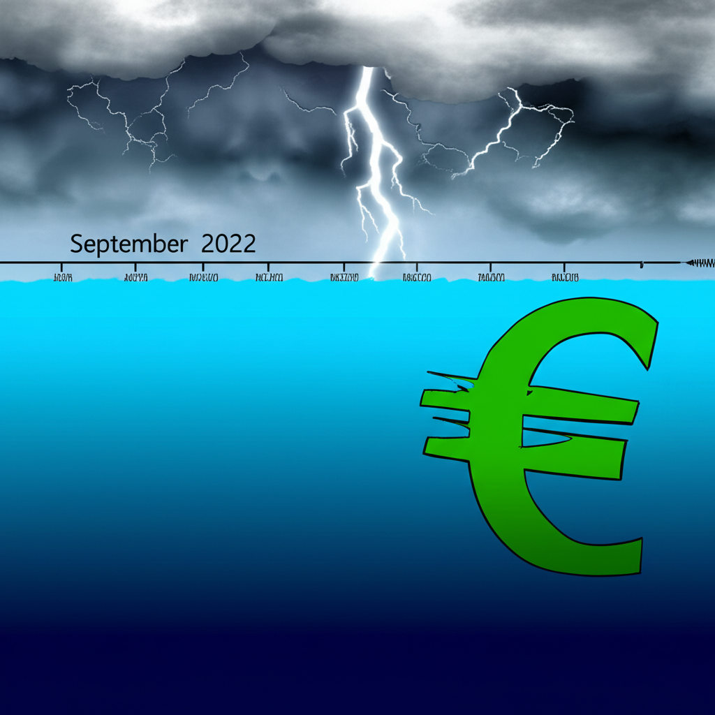 歐元符號沉入水池,時間線顯示2022年9月,風暴雲代表能源危機和強勢美元