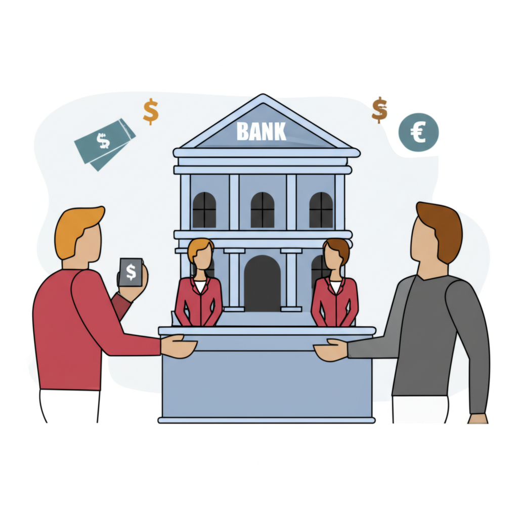 銀行如市場攤販般買賣外幣的插圖,清楚顯示買賣價格差異,代表銀行的小額利潤邊際