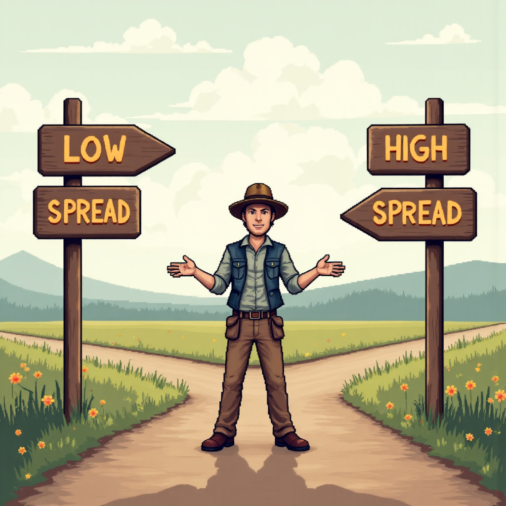 交易者在低價差和高價差路口決策的趣味像素藝術插圖