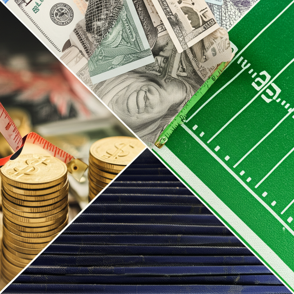 一碼的多重意義示意圖，包括金融符號如錢幣、長度測量如布料以及體育場景匯聚展示其多樣詮釋