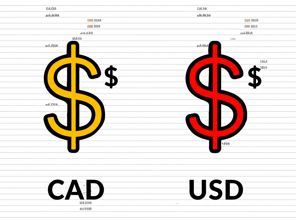 加拿大元與美元符號比較,強調情境辨識及CAD與USD標記的財務報告示意圖