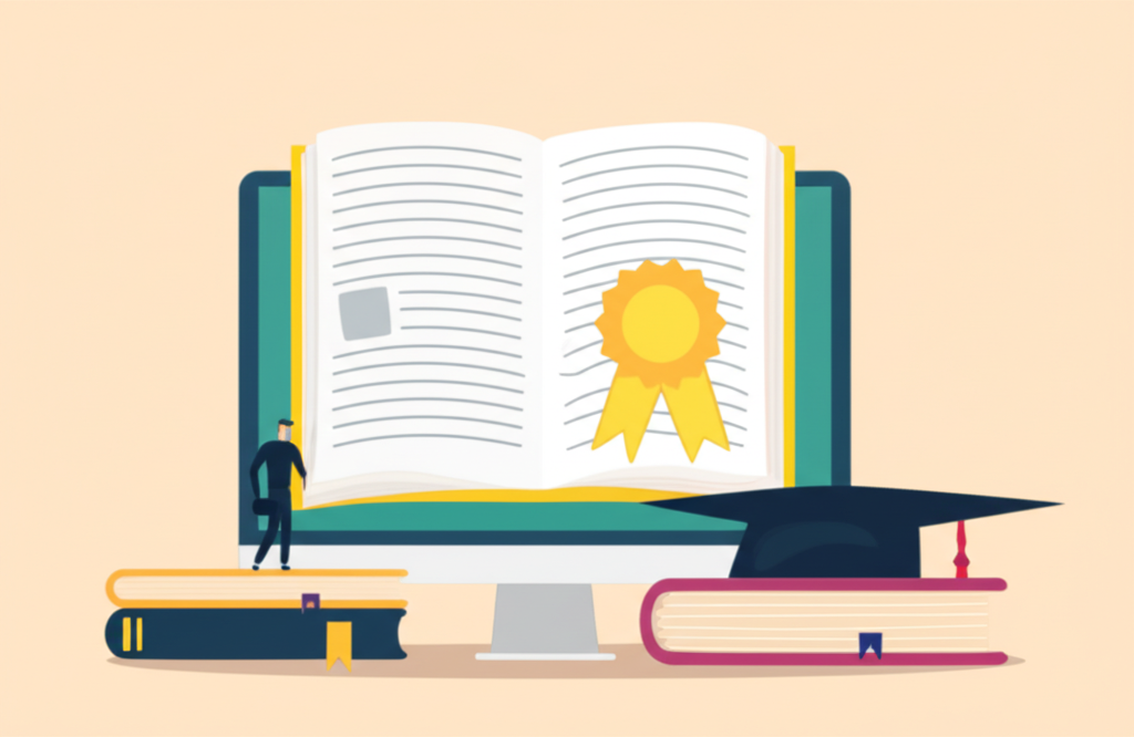 準備證券證照考試插圖，顯示學習者與書籍電腦，通往專業職業路徑